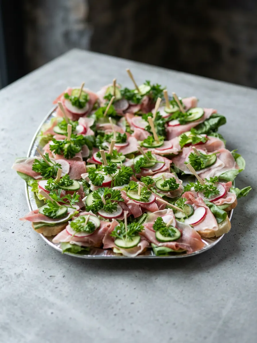 Platte mit Schinken-Häppchen auf Brot, garniert mit Radieschen, Gurke und Petersilie