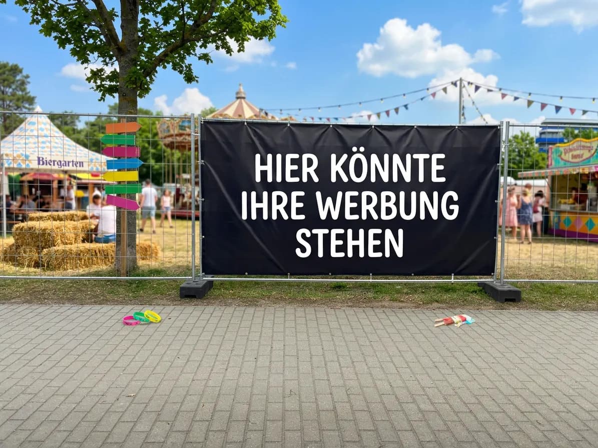 Symbolbild: Bauzaun mit schwarzem Banner und der Aufschrift „Hier könnte Ihre Werbung stehen“ vor einem Festgelände